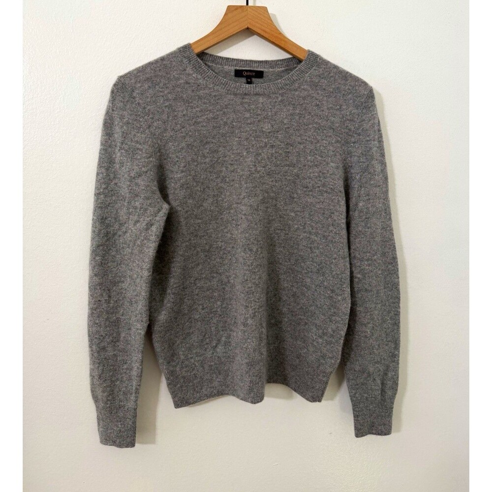 Quince Women’s 100% Cashmere Crew Neck Pullover Sweater Gray Ribbed Trim M